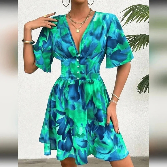 Women Summer Vacation Tie-Dye Flower Print Drawstring Waist Dress - Picture 1 of 5